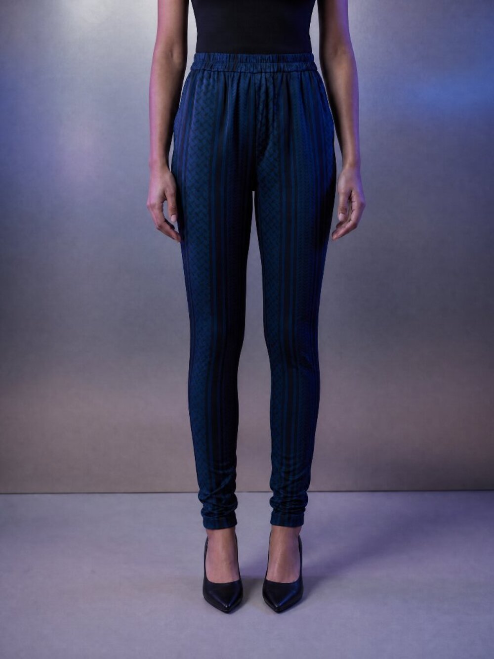 Moss Copenhagen Navy & Black Geometric Cigarette Trousers | Satin Finish High-Wa